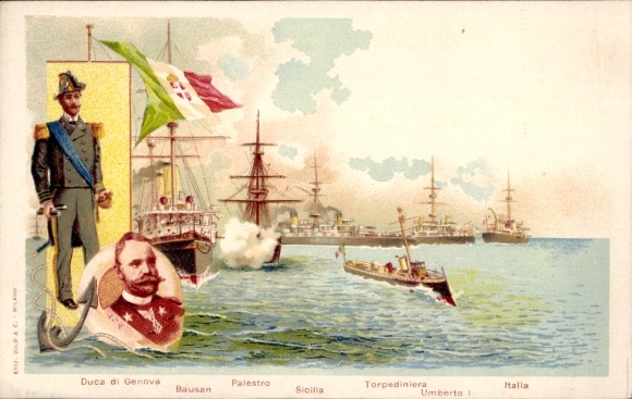 Litho Italienische Kriegsschiffe, König Umberto I., Palestro, Sicilia, Italia