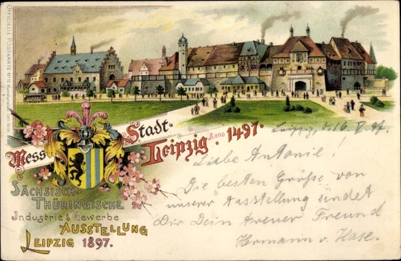 Coat of arms Chromo-Litho Leipzig, Saxon Thuringian industry and trade exhibition 1897, city Anno 1497