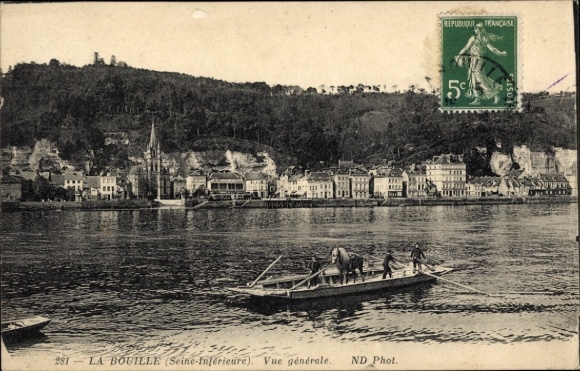 Postcard La Bouille Seine Maritime, cityscape, boat on the water, historical architecture, river...