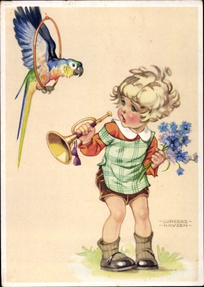 Artist PC Lungershausen, Ilse Wende, child with trumpet, parrot
