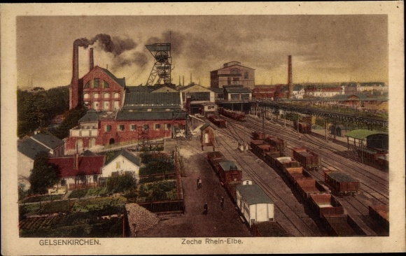 Postcard Gelsenkirchen in the Ruhr area, systems of the Rhein Elbe colliery, station with freight trains
