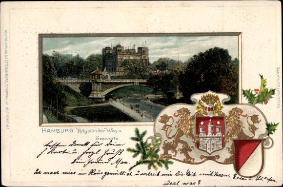 Embossed Passepartout Coat of Arms Chromo-Litho Hamburg Mitte St. Pauli, Helgoländer Weg and Seewarte