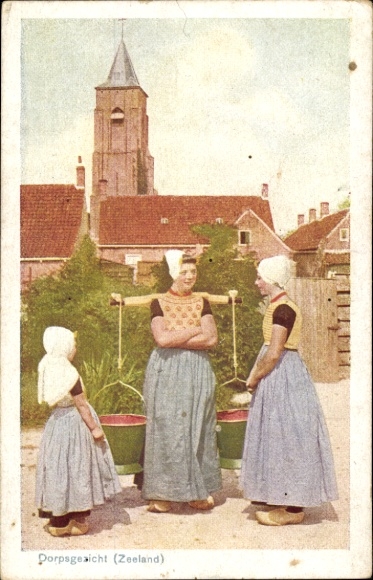 Postcard Zeeland, village idyll, water carrier, traditional costume
