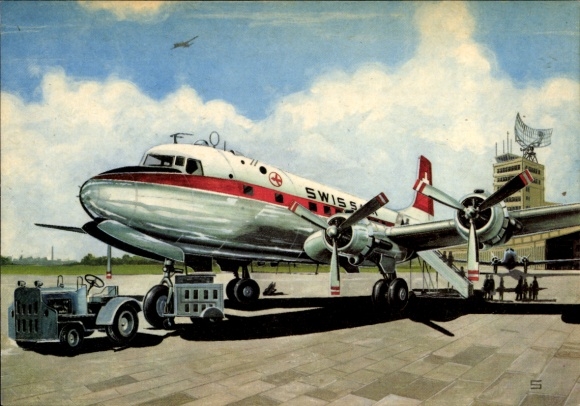 Postcard passenger aircraft at the airport, Swissair, service car