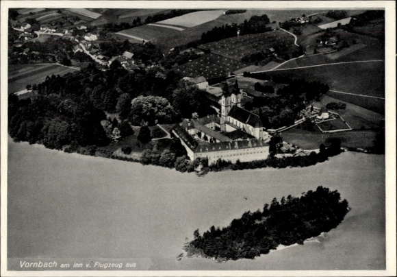 Postcard Vornbach Neuhaus am Inn, aerial view of Inn, monastery, river, mountains