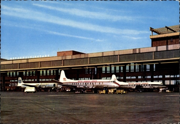 Postcard Berlin Tempelhof, Central Airport, passenger aircraft, British Europea Airways, coat of arms