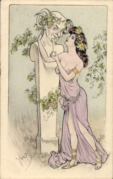 Artist Postcard Young Woman with Champagne Glass, Devil