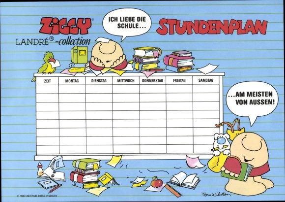 Timetable comic character ZIGGY, Landré-Collection, Ziggy with books 1988