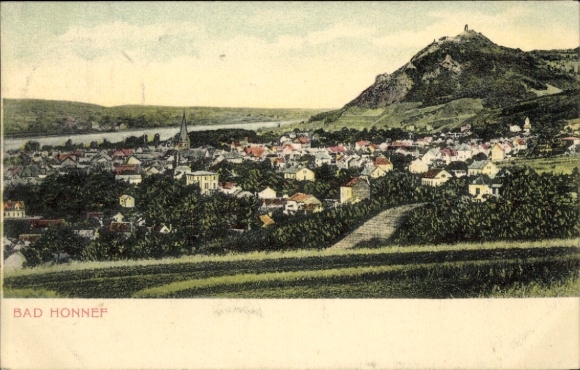 Postcard Bad Honnef am Rhein, colored view of mountain, houses, Rhine