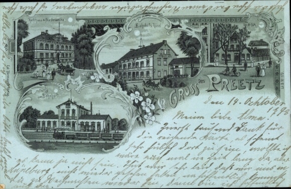 Mondschein Litho Preetz in Holstein, Bahnhof, Gleisseite, Bahnhofs Hotel, Rathaus