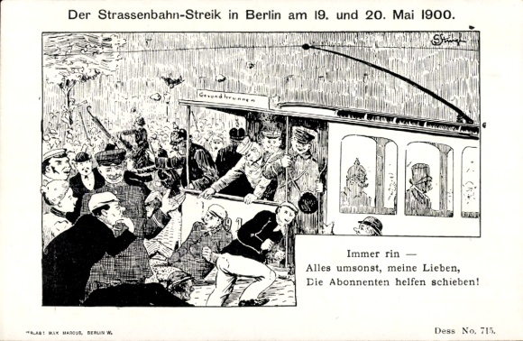 Artist Postcard Berlin, Tram Strike 19 and 20 May 1900, The subscribers help push