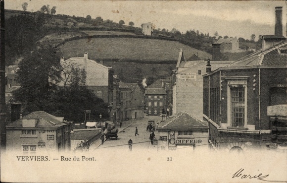 Postcard Verviers Wallonia Liège, Rue du Pont, street view, people, vehicles
