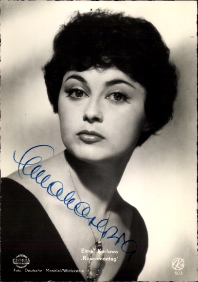 Postcard actress Elma Karlowa, portrait, Rose Monday, Gloria, autograph