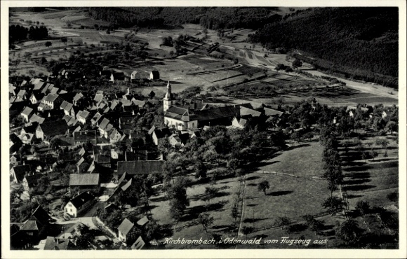 Postcard Kirchbrombach Brombachtal Odenwald, aerial view of Odenwald, church visible, rural surroundings
