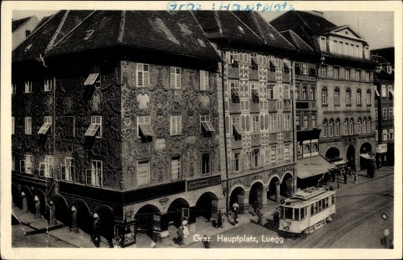 KP Graz Styria, główny plac, Luegg, tramwaj, sklepy, fryzjer
