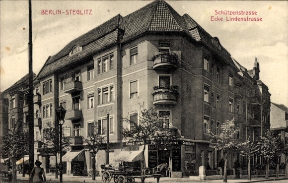 Postcard Berlin Steglitz, Schützenstraße corner Lindenstraße, pastry shop