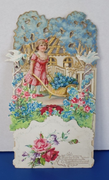 Backdrop card 3D wafer standee, congratulations, girl with wheelbarrow, doves, forget-me-nots