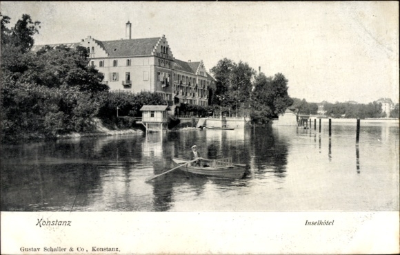 Postcard Konstanz on Lake Constance, island hotel, rowing boat