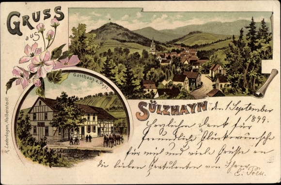 Litho Sülzhayn Ellrich Thüringen, Totalansicht vom Ort, Gasthaus zur Post