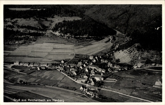 Postcard Reichenbach am Heuberg Württemberg, aerial view of the village, agricultural areas, small