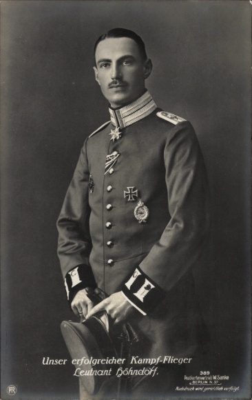 Ak gevechtspiloot Leutnant Höhndorf, Jasta 4, JG Richthofen, portret, medaille, Sanke 389