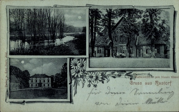 Moonlight Postcard Rastorf Schleswig Holstein, inn at the Blue Lion