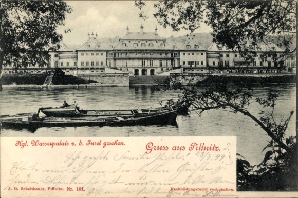 Postcard Dresden Pillnitz, Water Palace, river, boats, architecture, greetings from Pillnitz