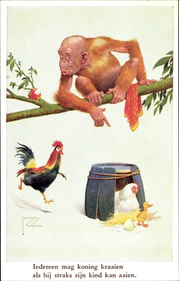 Artist Postcard Wood, Lawson, Monkey, Rooster, Chicken, Chick, Orangutan