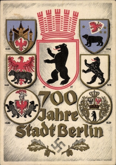 Coat of arms Postcard Berlin, 700th anniversary, city coat of arms since 1253 to 1937, Berlin bear