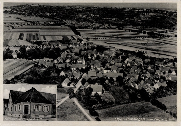 Postcard Oberrimsingen Breisach am Oberrhein, aerial photograph, colonial goods by A. Ott