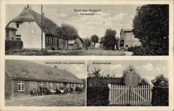 Postcard Gostorf Stepenitztal in Mecklenburg, Inn at the Green Wreath, War Memorial