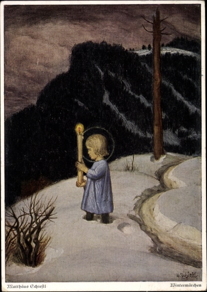 Künstler Ak Schiestl, Matthäus, Wintermärchen, Kind mit Kerze im Schnee