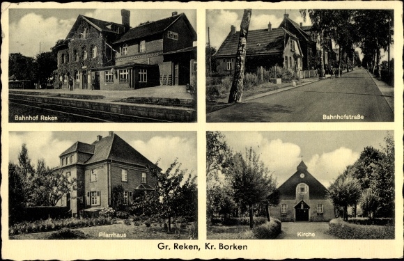 Ak Großreken Reken Nordrhein Westfalen, Bahnhof von der Gleisseite, Bahnhofstraße, Pfarrhaus, Kirche