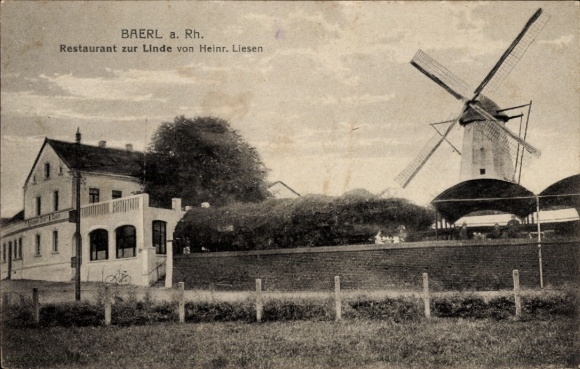 Ak Baerl Duisburg am Rhein, Restaurant zur Linde, Windmühle