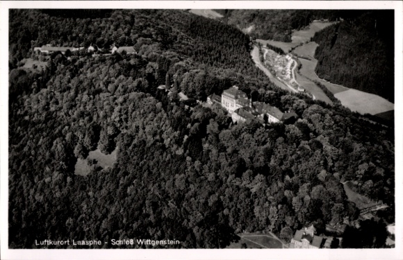 Postcard Bad Laasphe in Westphalia, aerial photograph, forest, building, landscape, black and white