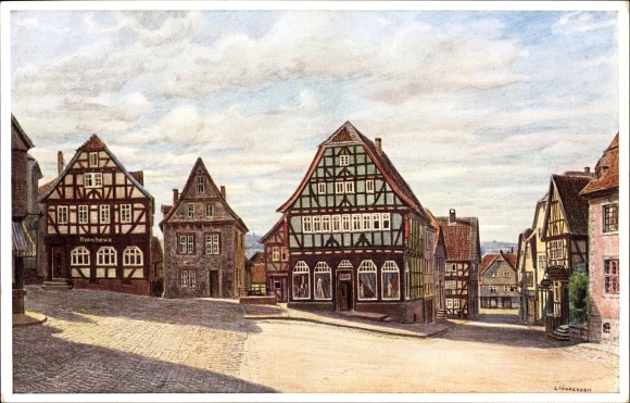 Artist Postcard Lauterbach an der Lauter Vogelsbergkreis, square, half-timbered houses