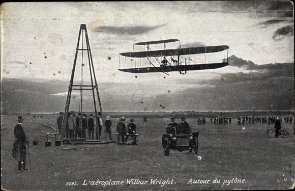 Postcard Airplane Wilbur Wright, Autour du Pylone, Biplan, Pilot, Flugpionier, Dropping device