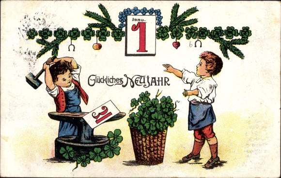Postcard congratulations new year, blacksmith, calendar, shamrocks