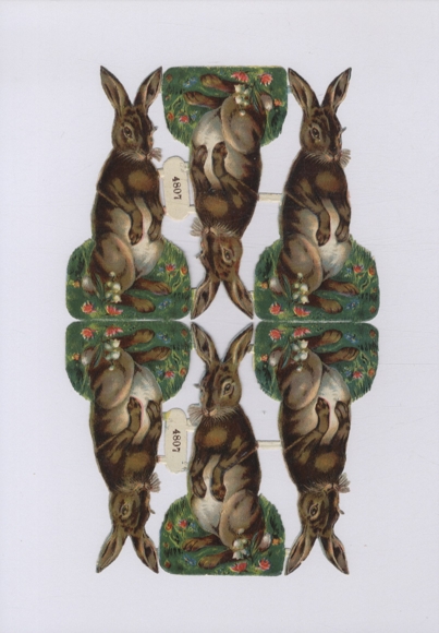 Oblate block of 6 Easter bunnies on a spring meadow, approx. 24 x 15 cm