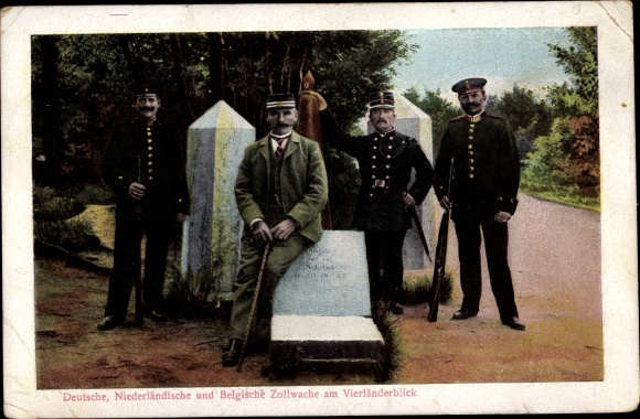 Postcard German, Dutch and Belgian customs guard at Vierländerblick, border