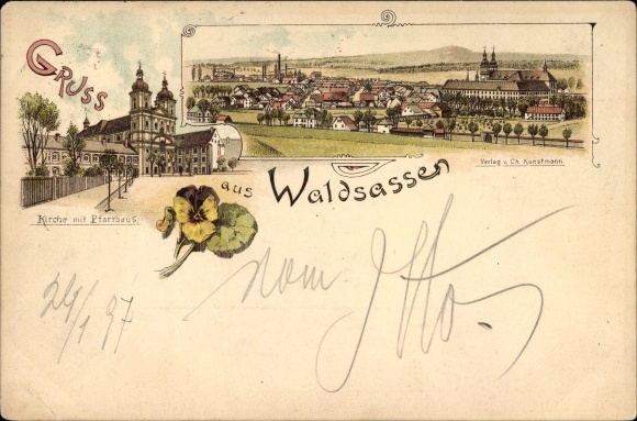 Chromo-Litho Waldsassen in Upper Palatinate Bavaria, church with vicarage, panorama of the village