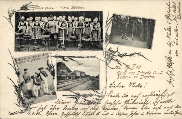 Postcard Schleife in Upper Lusatia, Wendish girls in traditional costumes