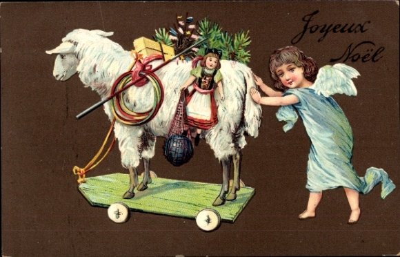 Ak Gefeliciteerd Kerstmis, engelen, speelgoed