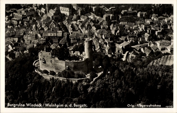 Postcard Weinheim an der Bergstraße Baden, castle ruins Windeck, aerial photograph