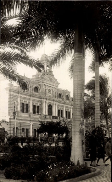 Ansichtkaart Chiclayo Peru, postkantoorgebouw, palmbomen, Plaza de Armas, architectuur, 1932