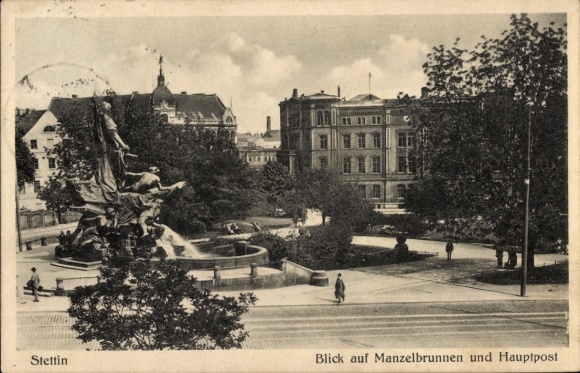 Postcard Szczecin Stettin Pomerania, Manzelbrunnen, Main Post Office