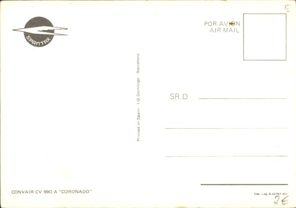Postcard Spanish passenger aircraft of Spantax, Convair CV 990 A Coronado