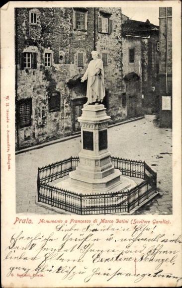 Ak Prato Toscana, Denkmal von Francesco di Marco Datini, Statue, Umzäunung