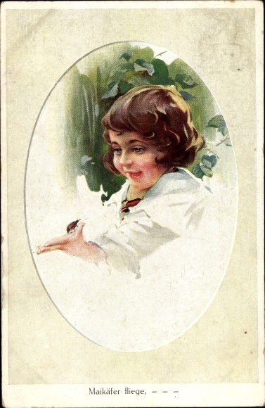 Postcard cockchafer fly, child portrait