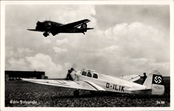 Postcard German Air Force, Junkers Ju 52 3/m D-AFEY, Klemm Kl 32 D-ILIK with squadron coat of arms